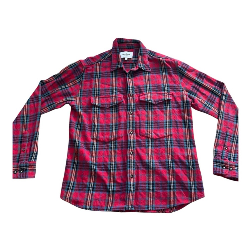 Corridor New York Men’s Red Plaid 100% Cotton Size L Long Sleeve Flannel Shirt - Picture 2 of 11